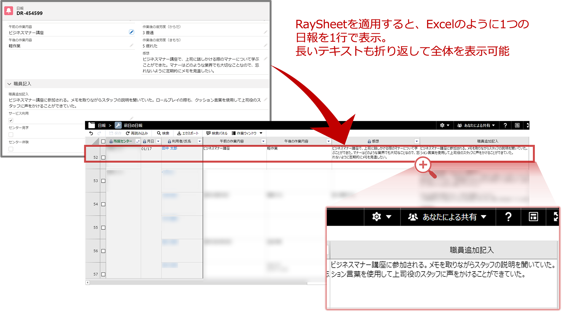 RaySheetを適用した日報の一覧