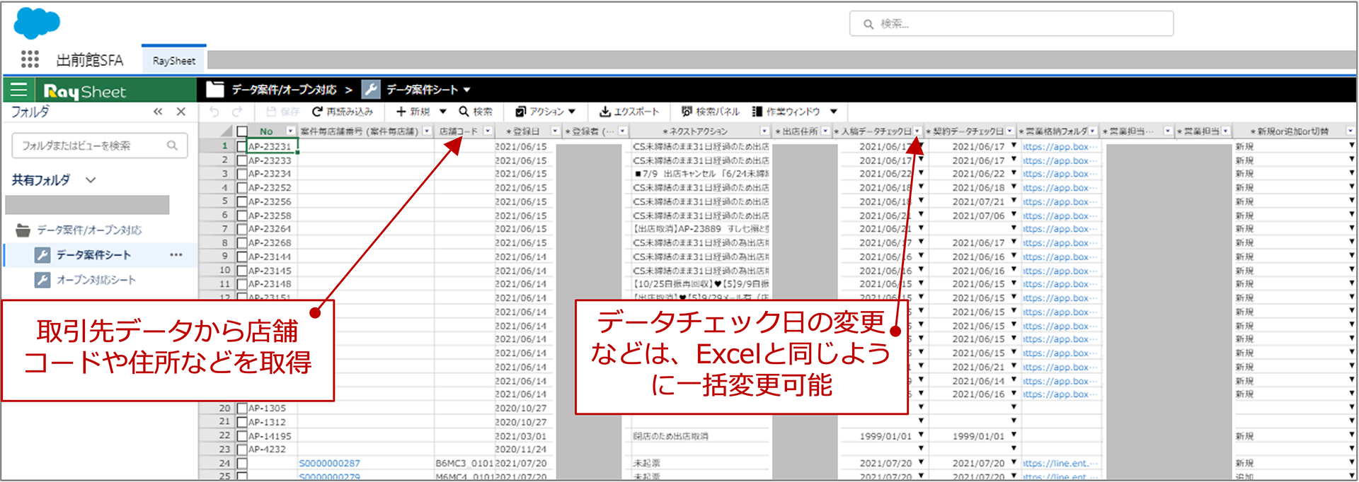 RaySheetを適用したデータ案件シート。Webサイトに店舗情報を掲載するまでの進捗を管理