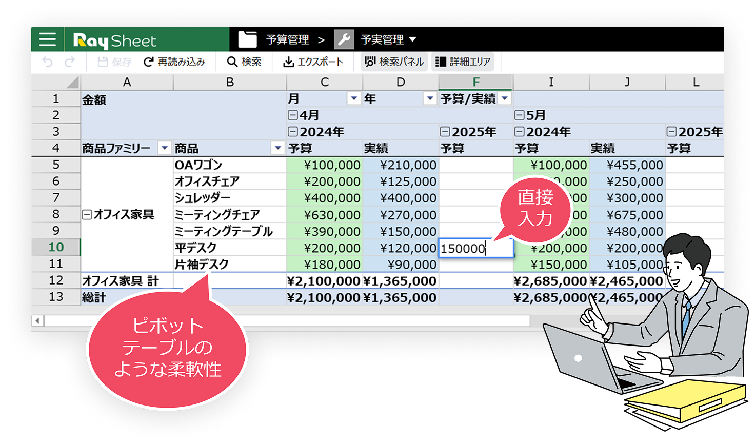 前年の予実を見ながら予算を検討・入力できるのでとてもスムーズ